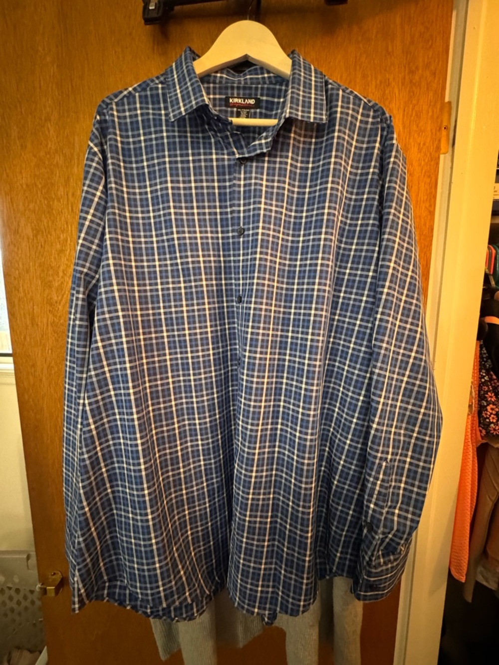 Kirkland Signature Men's Navy and White Plaid Button-Down Shirt